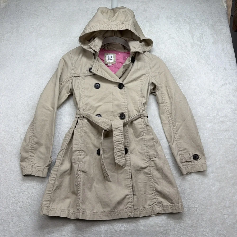 Gap Kids Hooded Trench Coat Girls M 8 Khaki Double Breasted Belted Jacket